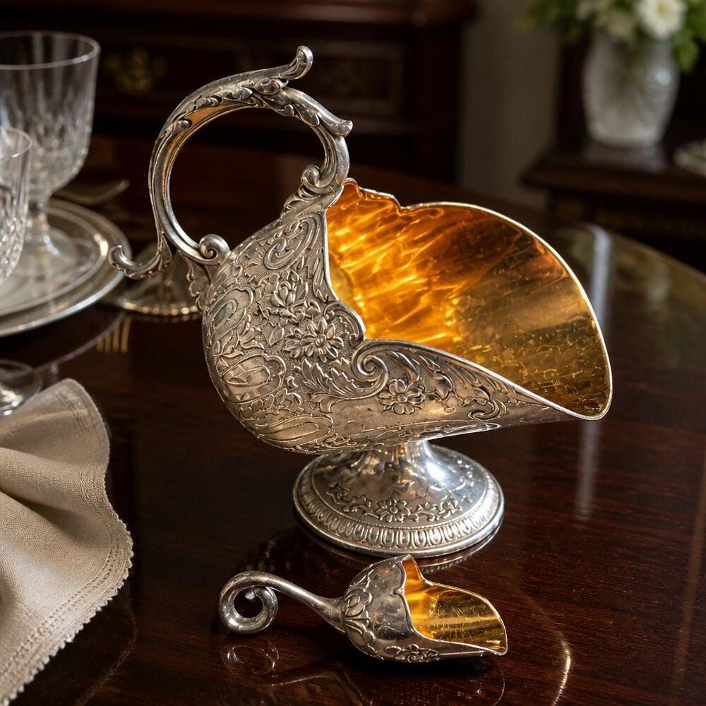 vintage silver-plated sugar scuttle with a matching mini scoop